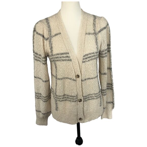 New‎ Joie Cream/Gray Check V-Neck Button Front Cardigan Women's Size M - Picture 1 of 11